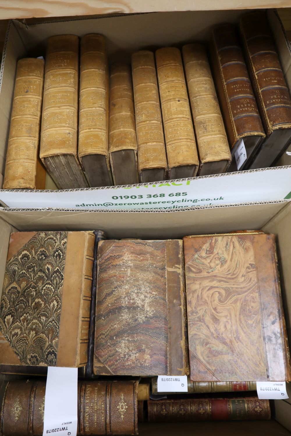 The Novels of Charles Lever, gilt-tooled half calf, Downey & Co, 7 vols and a collection of other bindings,